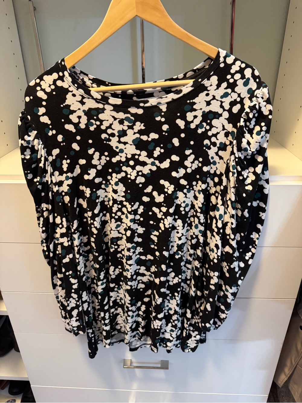 Chico's Black Long Sleeve Top with White and Teal Dot Pattern